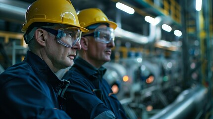 A close-up shot of two industrial workers wearing hard hats and safety goggles while inspecting machinery inside a factory