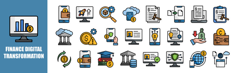 Finance Digital Transformation icon set for design elements,finance, technology, concept, business, digital