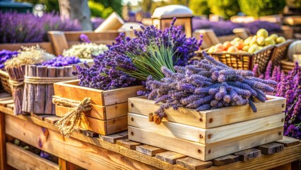 Vibrant purple lavender bunches and artisanal soap pyramids adorn a rustic wooden crate in a charming Proven?al outdoor market scene.