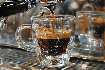 Sticker - Clear glass of espresso on a coffee machine tray creating a sleek and modern coffee preparation scene