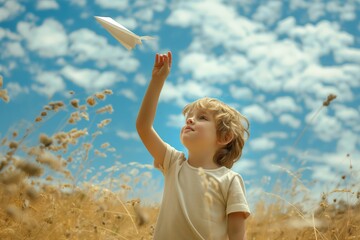 Wall Mural - a little boy playing with paper airplane in a field