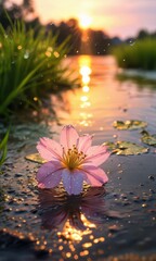 Sticker - Pink Flower in Water at Sunset.