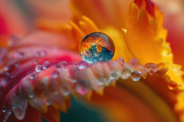 Poster - Water drops on flower petals close-up.