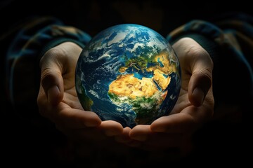 Poster - Planet earth is held in hands. Protects the earth