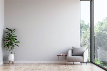 Contemporary living room interiors in neutral colors with minimal furniture and framed window. Luxurious residential realty composition.