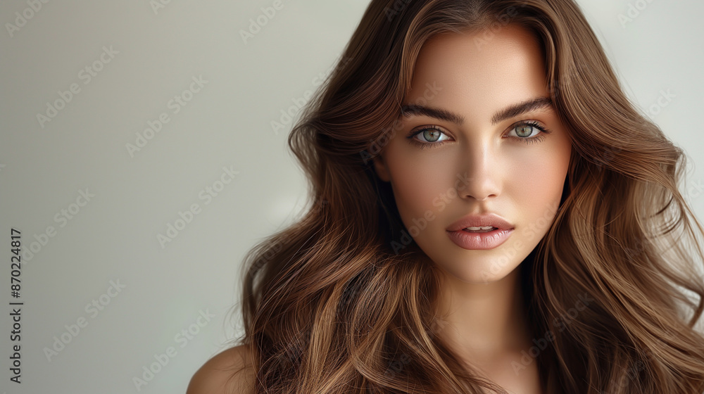 Beautiful young woman with long brown hair. Healthy shiny hair flowing ...