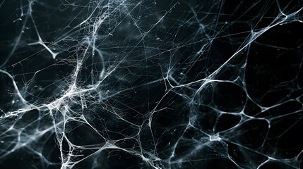 A black and white photo of a spider web with a lot of spider web strands