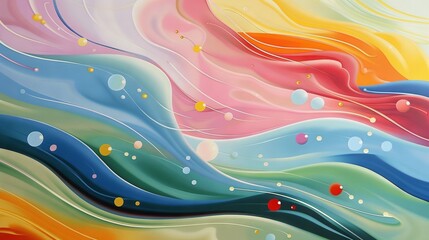 Poster -   A vibrant wave of water with colorful bubbles and sparkling stars at its base