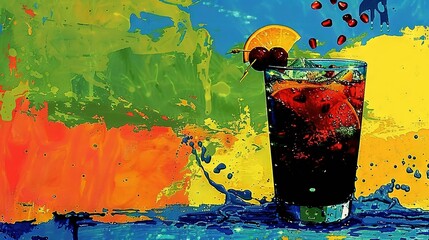 Wall Mural -   A painting featuring a drink topped with an orange slice and a cherry, with a splash of water beneath it