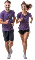 Poster - Couple Wearing Purple T-Shirt Couple While Running Isolated