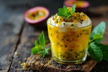 Poster - a glass of yellow drink with cream and passion fruit
