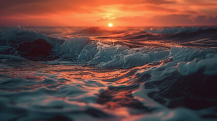 Wall Mural - Sunset over tranquil waters waves breaking softly, AI Generative