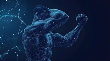 Low-poly wireframe banner template powered by human labor. Mesh art image of a strong bodybuilder, athlete, and polygonal physical strength. 3D man hand muscles with linked dots showing flexed biceps