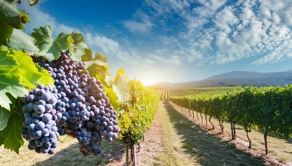 Wall Mural - In a sun-drenched vineyard, vibrant clusters of ripe grapes hang from the vines, promising the rich flavors of summer's bounty captured in each plump