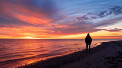 Wall Mural - A single person stands in silhouette on a sandy beach as the sun sets behind them, casting a warm glow on the water