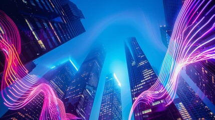 Sticker - Wide angle view of futuristic skyscrapers in a city at night, featuring abstract neon lines