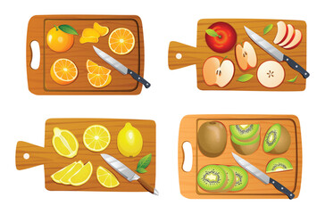 Wall Mural - Set of various fruits on cutting boards. Includes orange, apple, lemon, and kiwi. Vector illustration