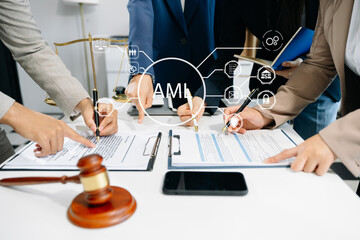 Wall Mural - AML Anti Money Laundering Financial Bank Business team Concept. judge in a courtroom using laptop and tablet