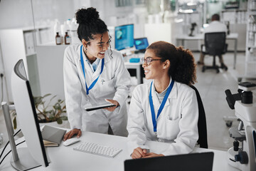 Poster - Teamwork, technology and research in laboratory for analysis, innovation or experiment. Collaboration, professional and women in hospital for planning, advice or health care or medical career