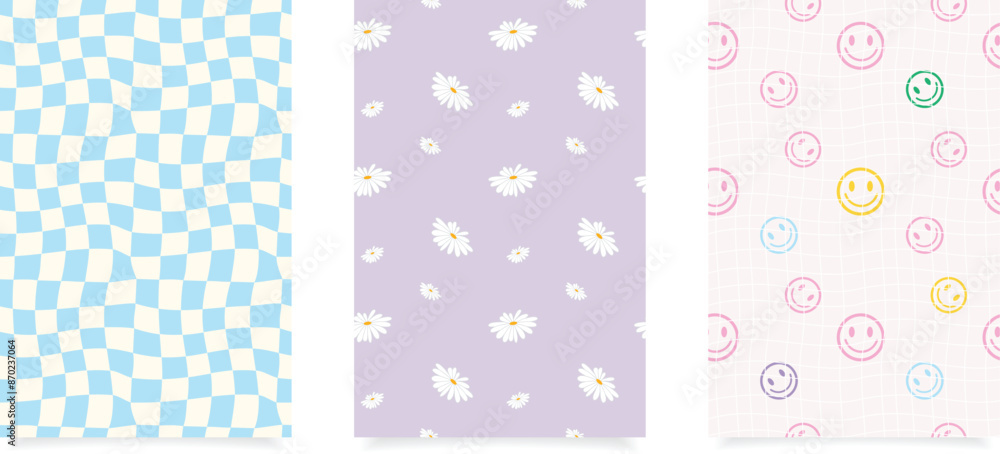 1970 Daisy Flowers, Trippy Grid, Wavy Swirl Seamless Pattern Set in ...