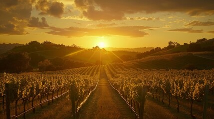 Poster - The peacefulness of a sunset over a vineyard, the sky turning golden as the sun sets behind rows of grapevines, creates a picturesque and tranquil scene.