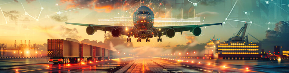 Wall Mural - A cargo plane lands on a runway at dusk, with a busy port in the background