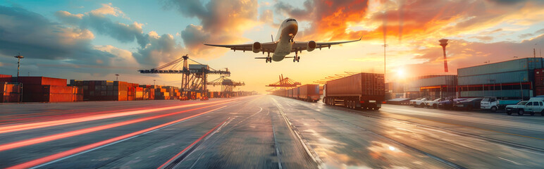 Wall Mural - A cargo plane takes off over a busy port with container ships, cranes, and trucks. The sunset casts a warm glow over the scene