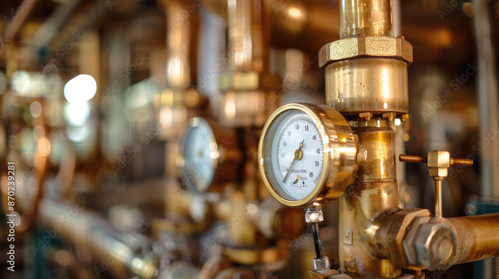 Brass Piping and Pressure Gauges in Industrial Environment Stock Photo ...