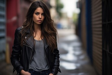 Wall Mural - A woman wearing a black leather jacket and jeans stands in front of a building