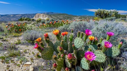 Sticker - The prickly pear cactus blooms with bright flowers, a surprising burst of color in the arid desert landscape.