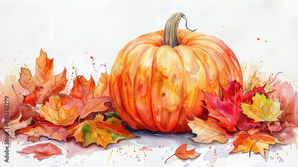 Fall Pumping Color Picture Watercolor illustration of a single pumpkin clipart isolate on white ...