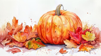 Watercolor illustration of a single pumpkin clipart isolate on white background, surrounded by autumn leaves in vibrant fall colors, pastel color palette