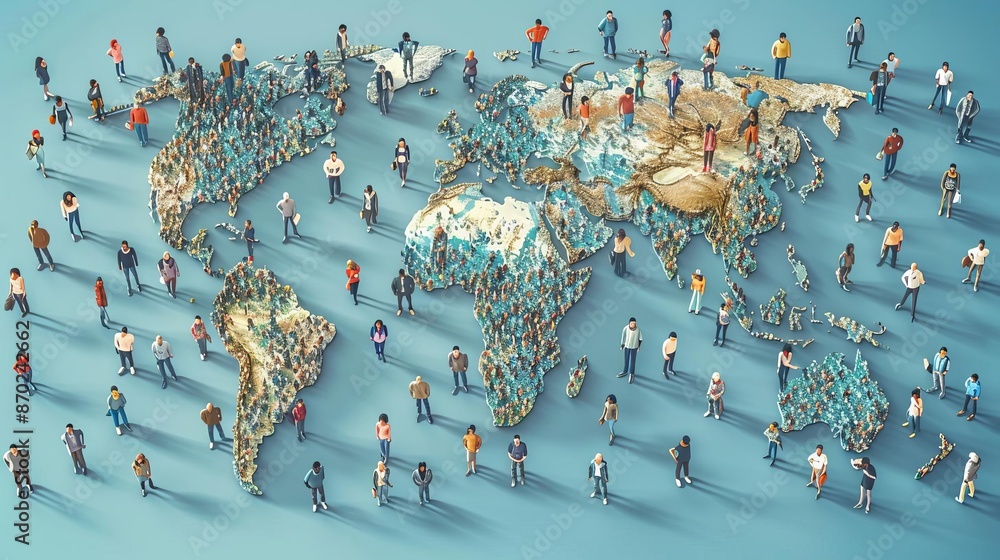 World map showing world population density, continents with diverse ...