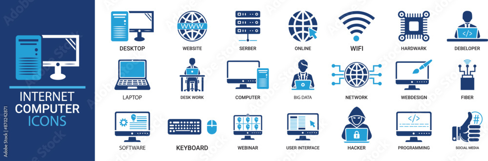 Internet computer icon set. Containing online, computer, network ...