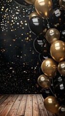 Elegant Black and Gold Balloon Decoration with Sparkling Stars on Wooden Floor, Perfect for Celebrations, Parties, and Festive Events, Ideal for Luxury and Glamorous Themes