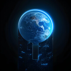 Wall Mural - A keyhole with a view of Earth from space, with blue lighting and a dark background, in a photo realistic