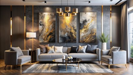 Wall Mural - Luxurious modern abstract artwork featuring sleek black and silver hues with striking gold accents, perfect for sophisticated interior design.