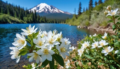 Sticker - White Flowers by the Lake with Mountain in Background.