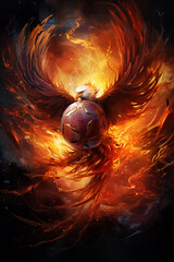 Phoenix rising from flames, clutching a glowing football in its talons, Mythological, Vibrant Colors, Digital Art