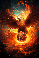 Phoenix rising from flames, clutching a glowing football in its talons, Mythological, Vibrant Colors, Digital Art