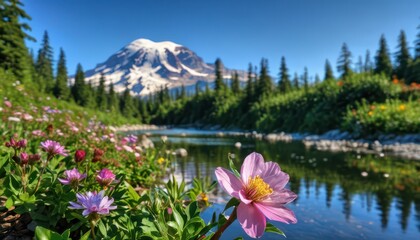 Canvas Print - Pink Flower with Mountain and River Background.