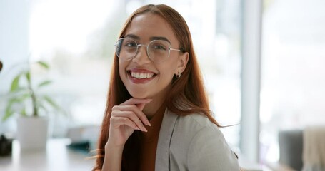 Smile, confidence and portrait of woman at desk with office, glasses and proud at company or agency HR. Business advisor, project manager or happy human resources consultant in employee management