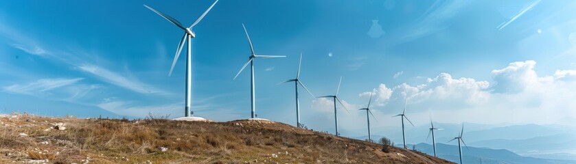 Wind turbines on a hill, digital tone, analogous color scheme, front view, highlighting clean energy production