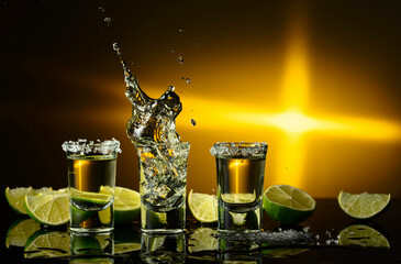 Wall Mural - Gold tequila with sea salt and lime slices.