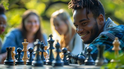 Wall Mural - A group of diverse people playing chess outdoors in a city park, promoting World Chess Day. The scene is lively with colorful chess pieces and greenery. Copy space for text, sharp focus and clear