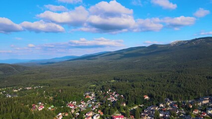 Wall Mural - Aerial view of a village in the mountains forest of Germany on a sunny day