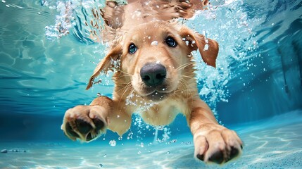 Underwater funny photo of golden labrador retriever puppy in swimming pool play with fun - jumping, diving deep down. Actions, training games with family pets and popular dog breeds on summer vacation