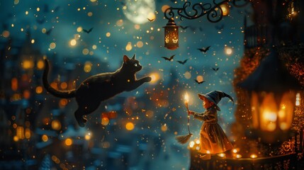 Beautiful Witch wearing a witch's hat and Black cat,witch's broom,lantern in dark night,spooky vibe decorations in Halloween day,Happy Halloween party banner for October.