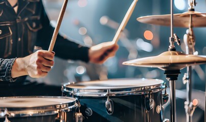 Close-Up of a Drummer's Hands Playing a Drum Set