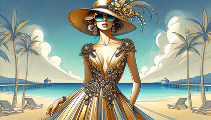 A highly stylized, elegant fashion illustration of a woman standing on a beach, wearing a glamorous dress with gold embellishments